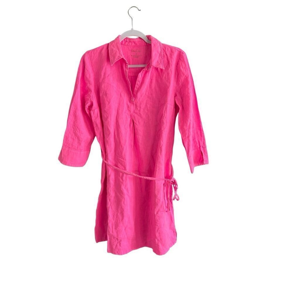 Lilly Pulitzer Womens Aura Pink Pilar Linen V-Neck Belted Tunic Dress Size Small